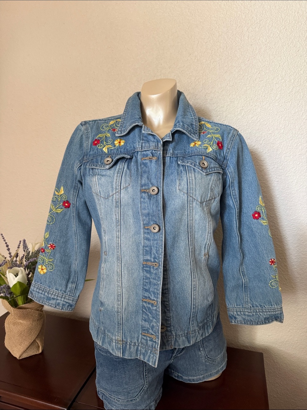 Live a Little Light Blue Embroidered Denim Jacket